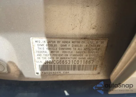 2001 Honda Accord 2.3 Lx from USA, damaged, VIN JHMCG66531C011667